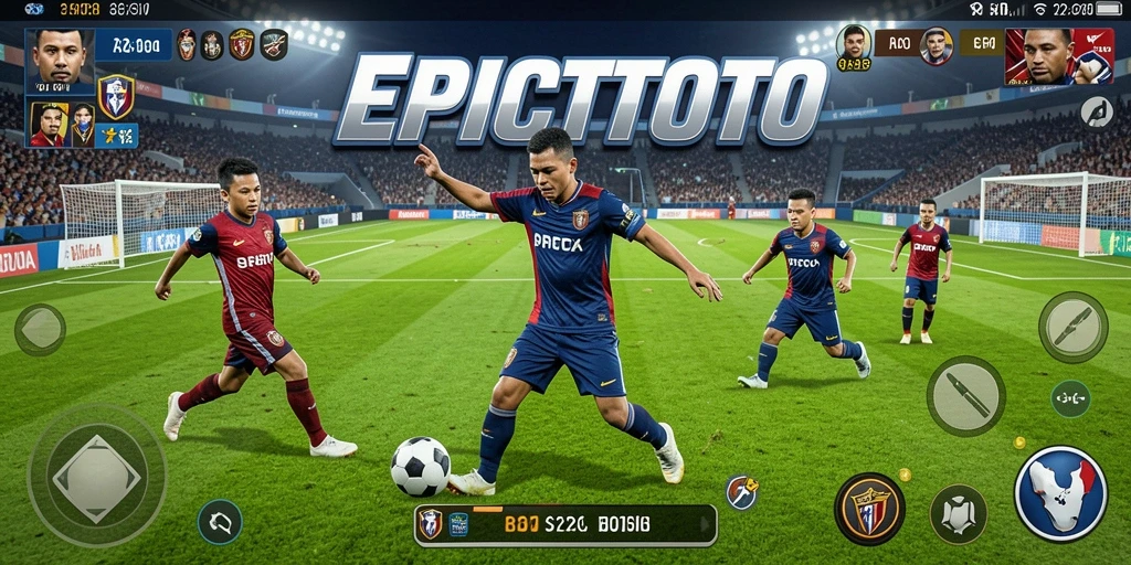 Screenshot gameplay EPICTOTO memperlihatkan laga seru antara dua tim sepak bola.