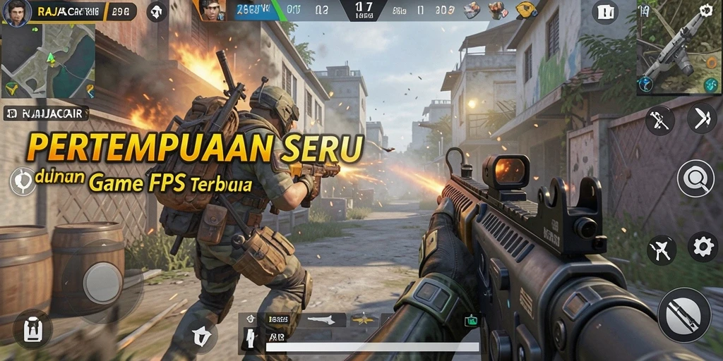 Tangkapan layar utama RAJACAIR menampilkan aksi pertempuran FPS yang mendebarkan.