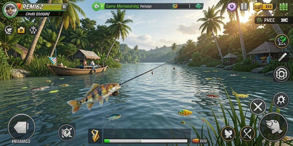 Tampilan gameplay menarik dari REMI62 dengan ikan beragam dan lokasi indah.