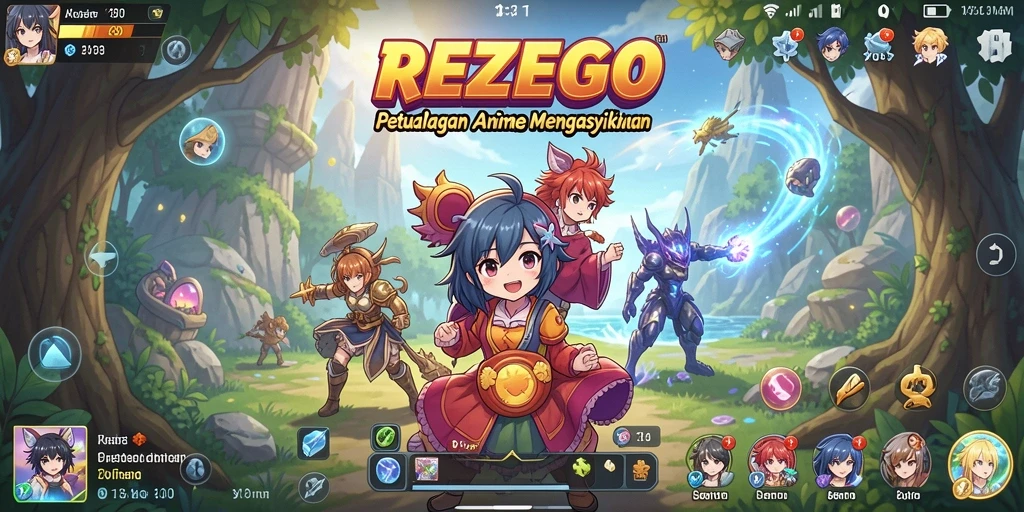 Tangkapan layar gameplay penuh aksi dari REZEGO yang menampilkan petualangan anime.