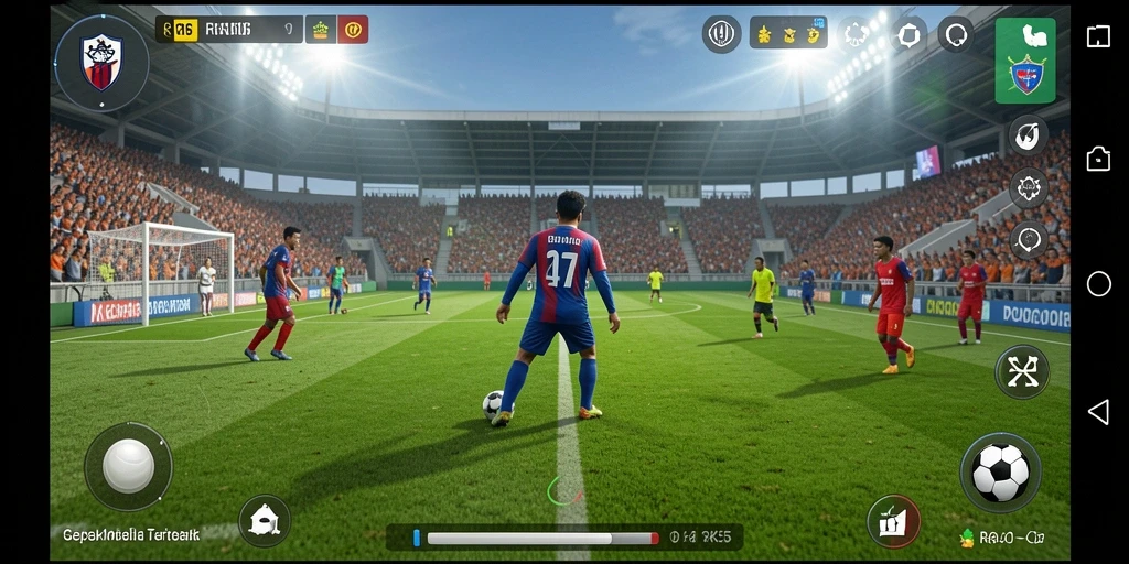 Screenshot utama RK55 menampilkan aksi seru di lapangan sepak bola.