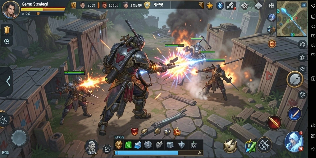 Screenshot utama RP55 menunjukkan aksi pertempuran penuh strategi.