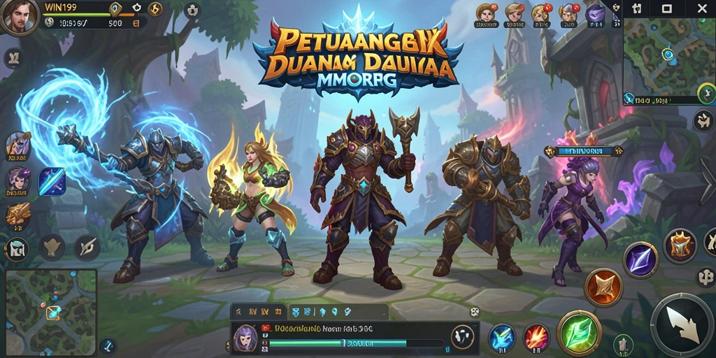 Screenshot gameplay WIN199 yang menampilkan pertarungan epik di dunia fantastis.